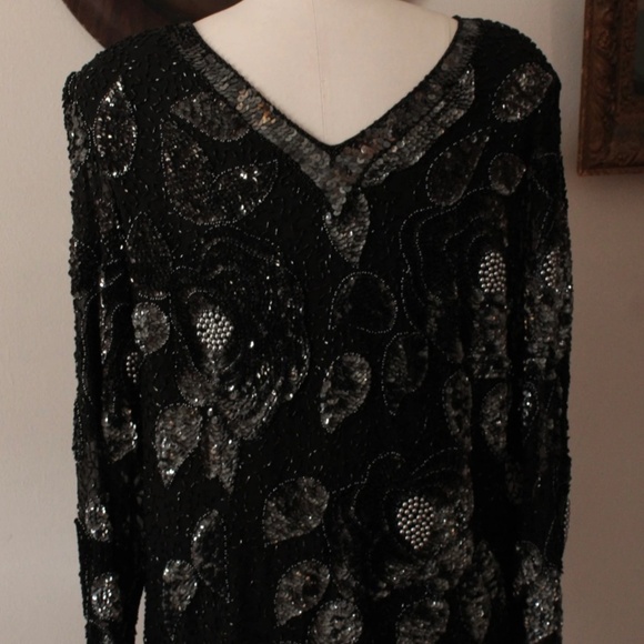 1980's Oleg Cassini Black and Silver Beaded Long Sleeve Blouse - Picture 4 of 6